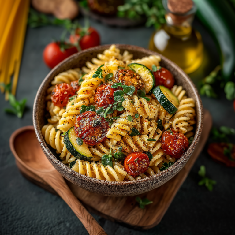 Vollkornreis-Fusilli mit Kirschtomaten, Zucchini und Portulak