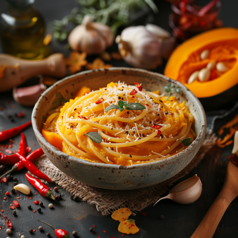 Vollkornreis-Spaghetti mit Kürbis und Chili
