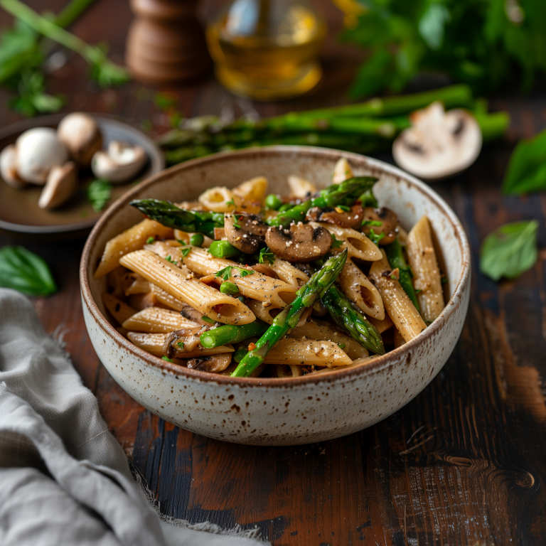 Vollkornreis Penne mit Spargel, Pilzen und Saubohnen: Penne del Boscaiolo