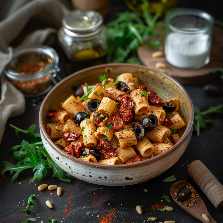 Vollkornhafer Mezzi Rigatoni veganer mediteraner Nudelsalat